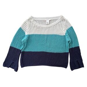 Masseys Women 2X Blue White Stripe Eyelet Flare Sleeve Open Crochet Knit Sweater